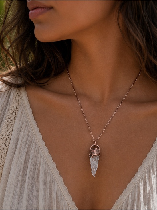 Grateful Times Jewelry - Copper Necklace Quartz Crystal Gem Stone Handmade Jewelry Pendant 20” Chain